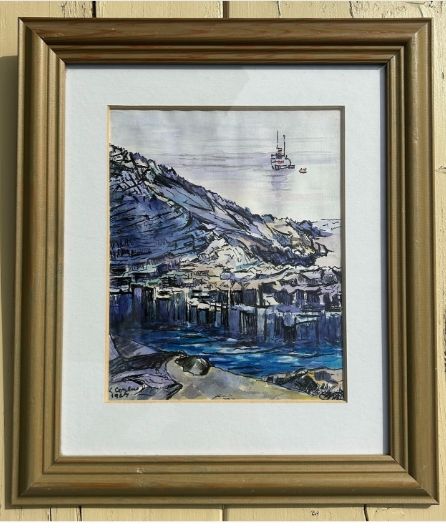 fig 1. Kenneth Cozens 1967 Signed Original mid 20th Century Ink and Watercolour Framed Painting Waiting Ship Staffa
