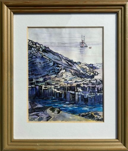 fig 2. Kenneth Cozens 1967 Signed Original mid 20th Century Ink and Watercolour Framed Painting Waiting Ship Staffa
