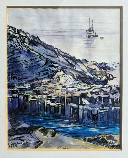 fig 3. Kenneth Cozens 1967 Signed Original mid 20th Century Ink and Watercolour Framed Painting Waiting Ship Staffa