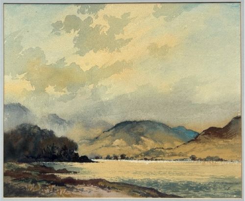 A mid-20th-century watercolour painting depicting a lake surrounded by mountains under a soft clouded sky. View IV