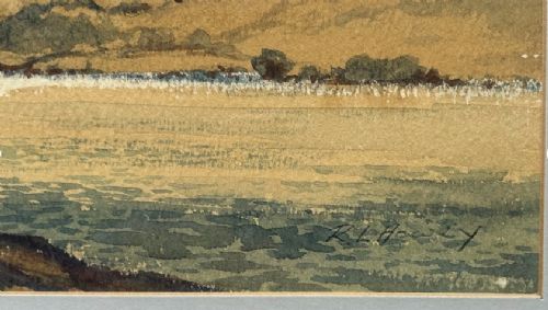 A mid-20th-century watercolour painting depicting a lake surrounded by mountains under a soft clouded sky. View V