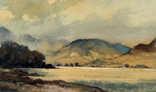 A mid-20th-century watercolour painting depicting a lake surrounded by mountains under a soft clouded sky. View VI