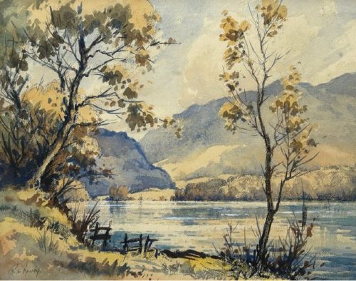 Robert Leslie Howey Signed Original mid 20th Century Vintage Watercolour Painting Cumbrian Lake Landscape