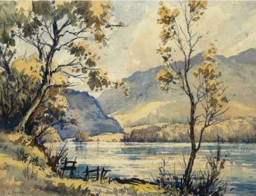 A mid-20th-century watercolour landscape painting depicting a Cumbrian lake framed by foreground trees and distant mountains in tones of blue and ochre. View IV