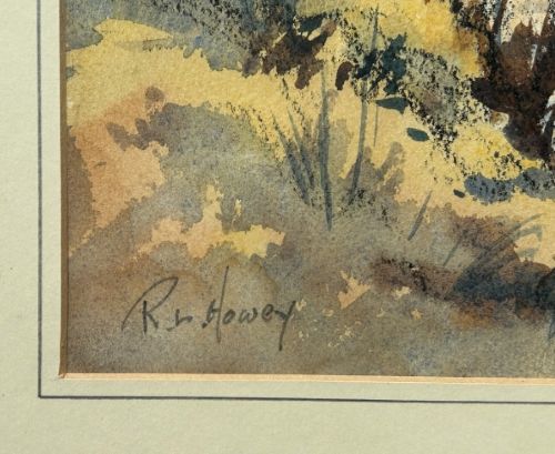 A mid-20th-century watercolour landscape painting depicting a Cumbrian lake framed by foreground trees and distant mountains in tones of blue and ochre. View V