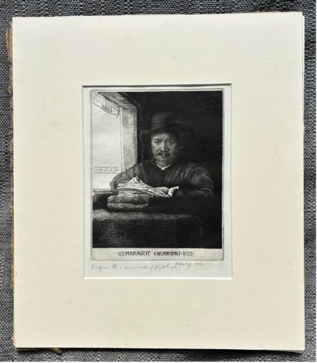 fig 1. A monochrome etching depicting a man in a wide-brimmed hat seated at a window writing on a stack of paper, signed along the lower border.