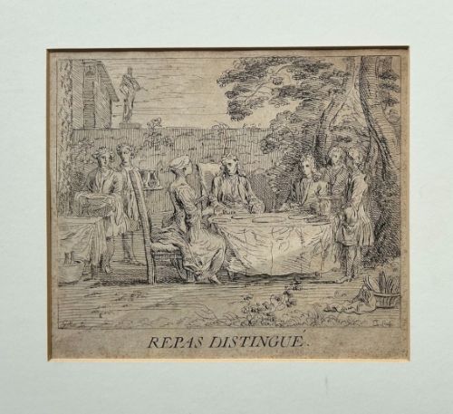 Caylus after Claude Gillot Repas Distingué 18th Century Engraving Original French Etching c.1730