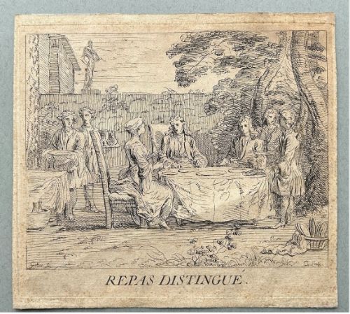 fig 1. An 18th-century monochrome etching depicting figures seated at a table outdoors during an elegant meal, entitled Repas Distingue.