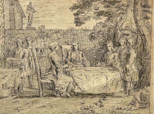 fig 4. An 18th-century monochrome etching depicting figures seated at a table outdoors during an elegant meal, entitled Repas Distingue.