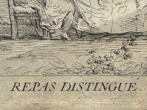 fig 6. An 18th-century monochrome etching depicting figures seated at a table outdoors during an elegant meal, entitled Repas Distingue.