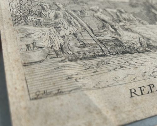 An 18th-century monochrome etching depicting figures seated at a table outdoors during an elegant meal, entitled Repas Distingue. View VIII