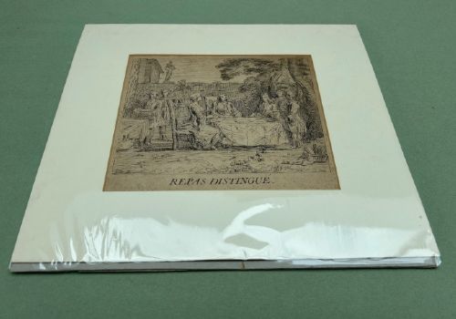An 18th-century monochrome etching depicting figures seated at a table outdoors during an elegant meal, entitled Repas Distingue. View X