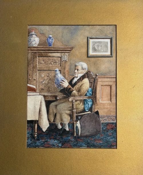 fig 1. A late 19th-century watercolour painting depicting an elderly gentleman seated in a carved oak chair, examining a blue and white porcelain vase inside a wood-panelled room.