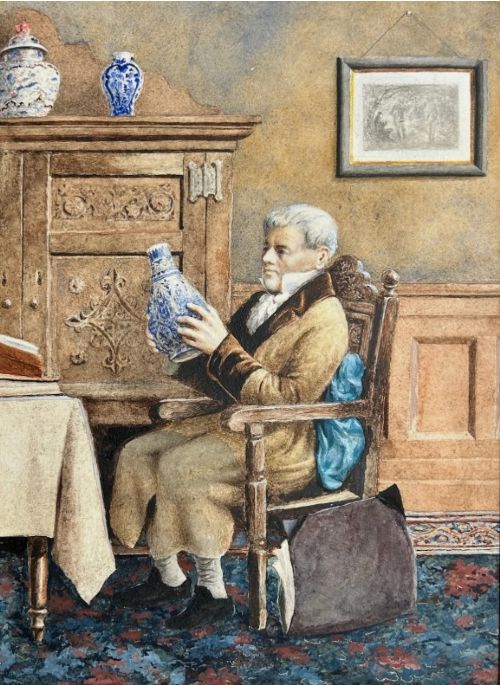 fig 3. A late 19th-century watercolour painting depicting an elderly gentleman seated in a carved oak chair, examining a blue and white porcelain vase inside a wood-panelled room.