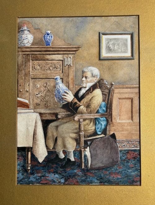 A late 19th-century watercolour painting depicting an elderly gentleman seated in a carved oak chair, examining a blue and white porcelain vase inside a wood-panelled room. View VI