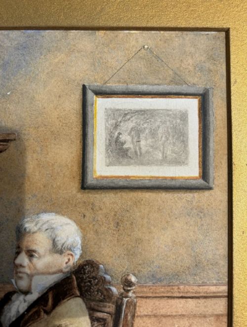 A late 19th-century watercolour painting depicting an elderly gentleman seated in a carved oak chair, examining a blue and white porcelain vase inside a wood-panelled room. View VIII
