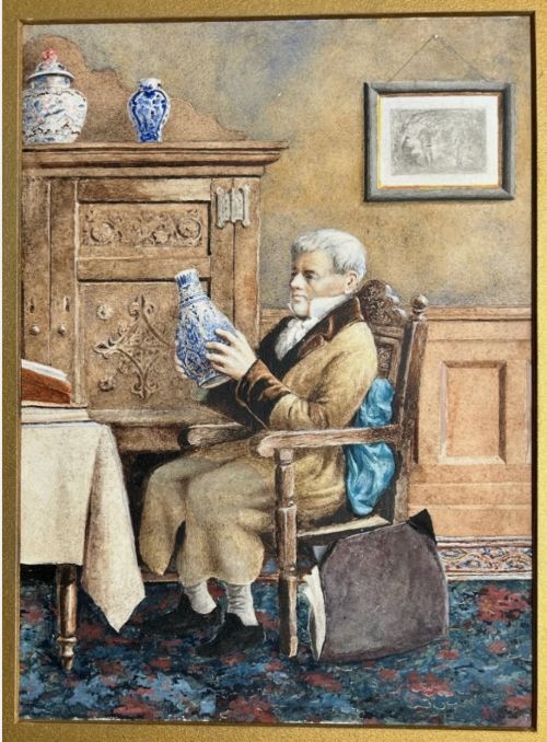 A late 19th-century watercolour painting depicting an elderly gentleman seated in a carved oak chair, examining a blue and white porcelain vase inside a wood-panelled room. View IX