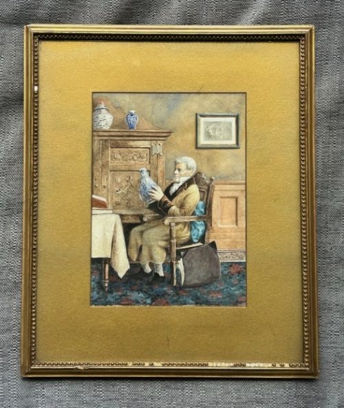 A late 19th-century watercolour painting depicting an elderly gentleman seated in a carved oak chair, examining a blue and white porcelain vase inside a wood-panelled room. View XI