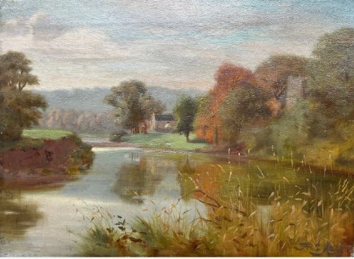 fig 1. A late 19th-century oil painting on canvas depicting a tranquil autumn river landscape framed in a wide, dark oak wood frame.