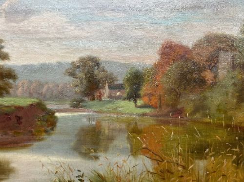 fig 4. A late 19th-century oil painting on canvas depicting a tranquil autumn river landscape framed in a wide, dark oak wood frame.