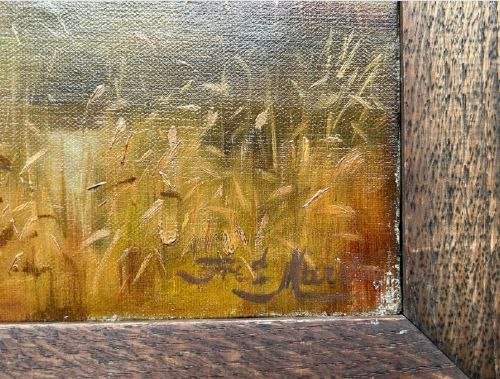fig 5. A late 19th-century oil painting on canvas depicting a tranquil autumn river landscape framed in a wide, dark oak wood frame.
