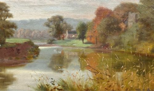 A late 19th-century oil painting on canvas depicting a tranquil autumn river landscape framed in a wide, dark oak wood frame. View VII