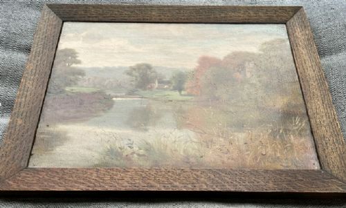 A late 19th-century oil painting on canvas depicting a tranquil autumn river landscape framed in a wide, dark oak wood frame. View VIII