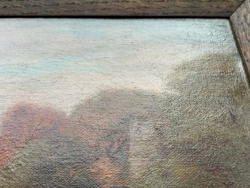 A late 19th-century oil painting on canvas depicting a tranquil autumn river landscape framed in a wide, dark oak wood frame. View X