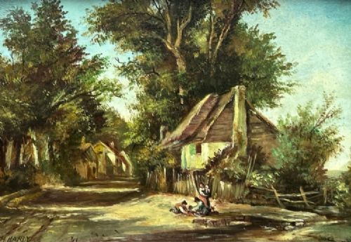 fig 4. An antique oil painting on panel depicting a rural British cottage surrounded by trees, set within an ornate gilt frame.