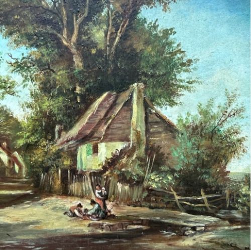 An antique oil painting on panel depicting a rural British cottage surrounded by trees, set within an ornate gilt frame. View VI