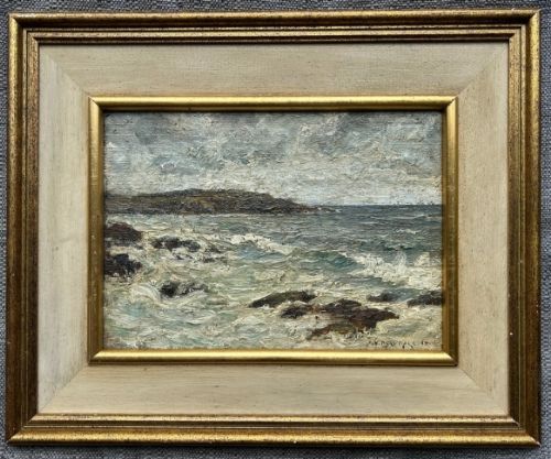 fig 1. An impasto oil painting depicting a choppy coastal sea with waves crashing against dark rocks under a cloudy sky.