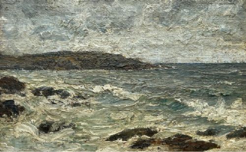 fig 2. An impasto oil painting depicting a choppy coastal sea with waves crashing against dark rocks under a cloudy sky.