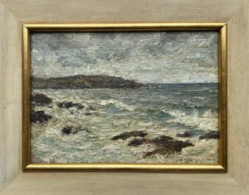 fig 3. An impasto oil painting depicting a choppy coastal sea with waves crashing against dark rocks under a cloudy sky.