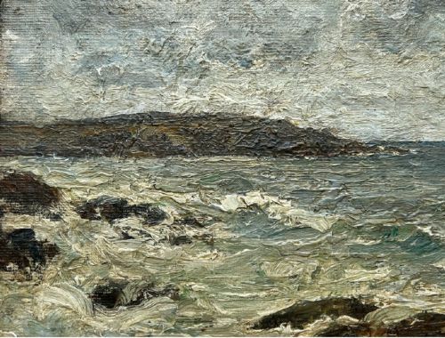 fig 4. An impasto oil painting depicting a choppy coastal sea with waves crashing against dark rocks under a cloudy sky.