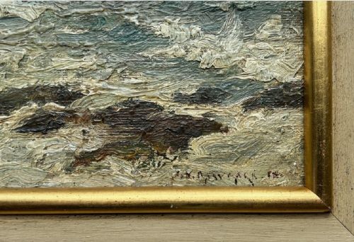 fig 5. An impasto oil painting depicting a choppy coastal sea with waves crashing against dark rocks under a cloudy sky.