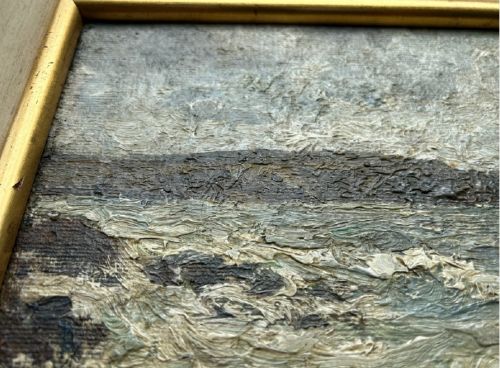 An impasto oil painting depicting a choppy coastal sea with waves crashing against dark rocks under a cloudy sky. View VII
