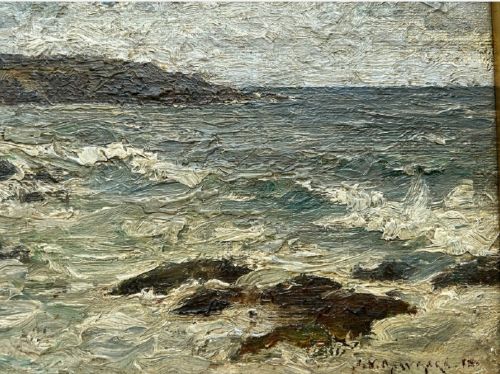 An impasto oil painting depicting a choppy coastal sea with waves crashing against dark rocks under a cloudy sky. View VIII