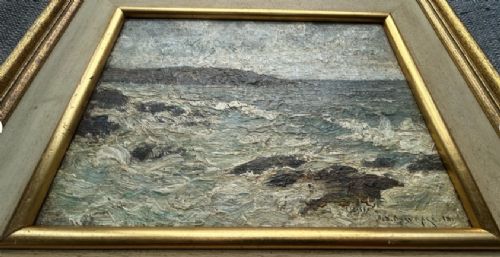 An impasto oil painting depicting a choppy coastal sea with waves crashing against dark rocks under a cloudy sky. View IX