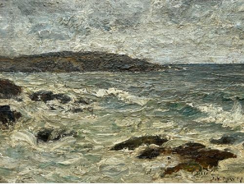 An impasto oil painting depicting a choppy coastal sea with waves crashing against dark rocks under a cloudy sky. View X