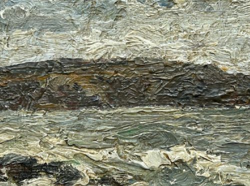 An impasto oil painting depicting a choppy coastal sea with waves crashing against dark rocks under a cloudy sky. View XI
