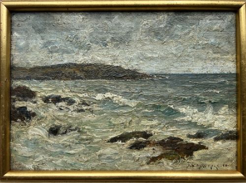 An impasto oil painting depicting a choppy coastal sea with waves crashing against dark rocks under a cloudy sky. View XII