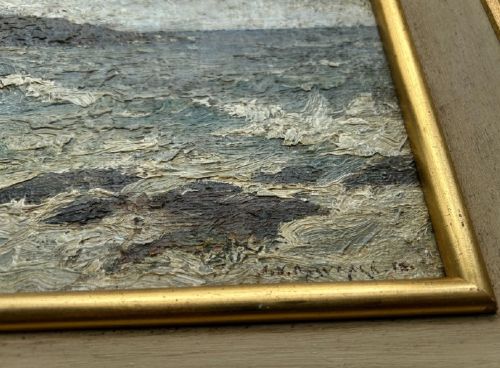 An impasto oil painting depicting a choppy coastal sea with waves crashing against dark rocks under a cloudy sky. View XIII