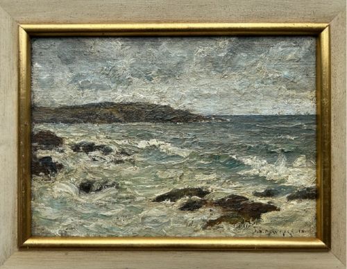 An impasto oil painting depicting a choppy coastal sea with waves crashing against dark rocks under a cloudy sky. View XIV