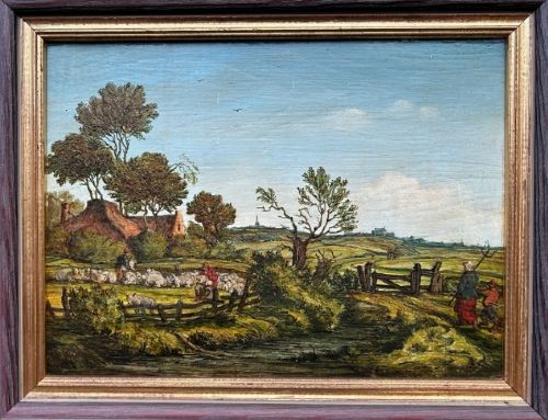 fig 2. A pair of framed 19th-century oil paintings on wood panels depicting rural Flemish landscapes with stone bridges, rivers, thatched cottages, and pastoral figures.