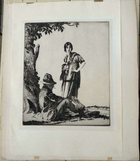 fig 1. A monochrome drypoint etching depicting a seated man in a hat and a standing woman beneath a leafy tree trunk.