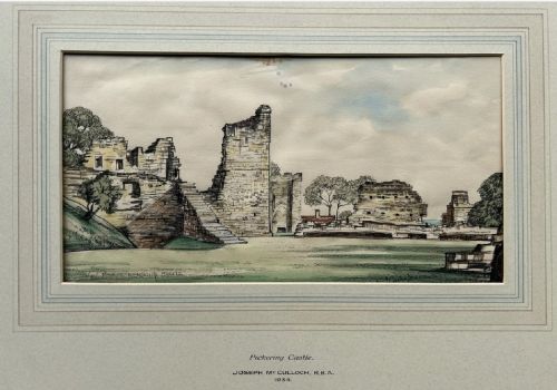 fig 1. A 1934 watercolour painting depicting the stone ruins and courtyard of Pickering Castle under a light sky.