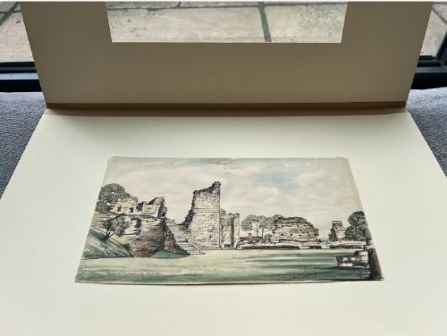 A 1934 watercolour painting depicting the stone ruins and courtyard of Pickering Castle under a light sky. View III