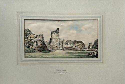 A 1934 watercolour painting depicting the stone ruins and courtyard of Pickering Castle under a light sky. View IV
