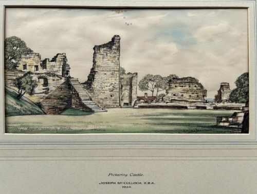 A 1934 watercolour painting depicting the stone ruins and courtyard of Pickering Castle under a light sky. View V