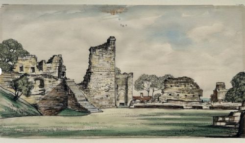 A 1934 watercolour painting depicting the stone ruins and courtyard of Pickering Castle under a light sky. View VI